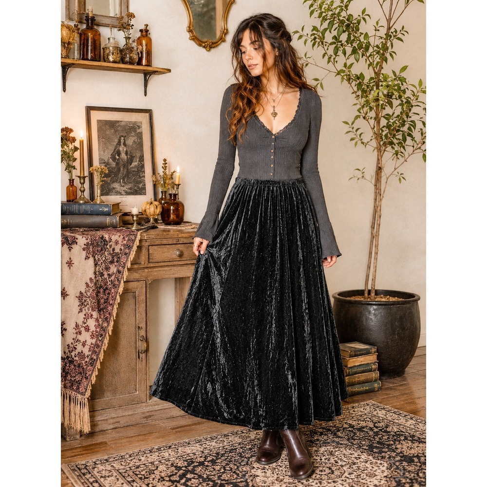 Y2K Geoffrey Beene Crushed Velvet Black Maxi Skirt XL Flared Whimsigoth Fairy